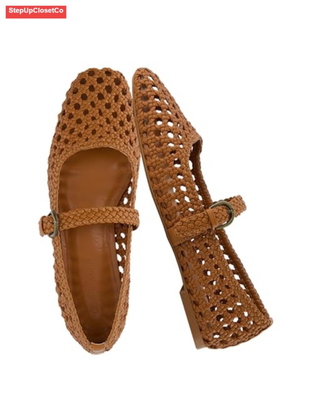 Hand Woven Vegan Leather Mary Jane Flats Memory Foam Buckle